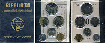 Испания официальный набор из 6 монет (50 сентимов; 1, 5, 25, 50 и 100 песет) 1980 чемпионат мира по футболу в Испании 1982 года KM MS11 (815, 816, 817, 818, 819 и 820) UNC 4-5-4-05