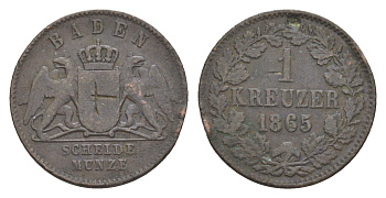 Баден 1 крейцер 1865 Фридрих I (1856-1907) KM 242 медь 4604-857