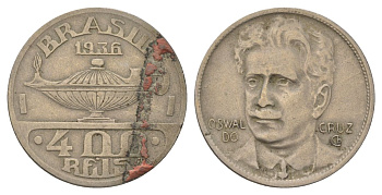 Бразилия 400 реалов 1936 Освалду Крус KM 539 медно-никель 4624-1211