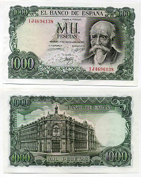 Испания 1000 песет 1971 (1974) Хосе Эчегерай-и-Эйсагирре, 100 лет со дня того, как Banco de España стал единственным банком-эмитентом (1874–1974) Pick 154 бумага UNC (пресс) 451-156-1