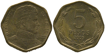 Чили 5 песо 2005 So KM 232, Schon 81 алюминиевая бронза 4387-1032