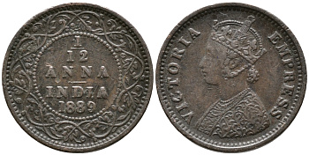 Британская Индия 1/12 анна 1889 Виктория (1837-1901) KM 483 медь 100-444