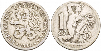 Чехословакия 1 крона 1922 женщина со снопом и серпом KM 4 медно-никель 4548-153