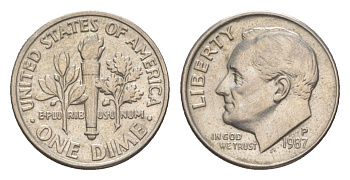 США 1 дайм (10 центов) 1987 P, президент Рузвельт KM 195a медь плакированная медно-никелем 4649-1252