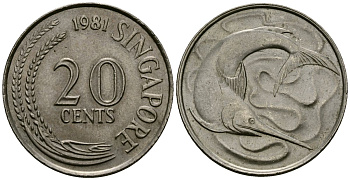 Сингапур 20 центов 1981 голубой марлин, тунец KM 4 медно-никель 4138-953
