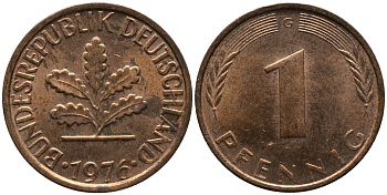 ФРГ 1 пфенниг 1976 G KM 105, J.380 сталь плакированная медью 99-335