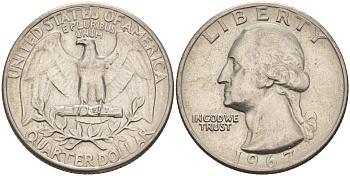 США 25 центов (квотер) 1967 Вашингтон KM 164a медь плакированная медно-никелем 4114-753