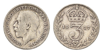 Великобритания 3 пенса 1917 Георг V (1910-1936) KM 813, Spink 4015 серебро 4643-1158