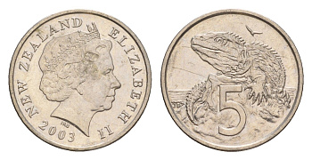 Новая Зеландия 5 центов 2003 Елизавета II (1952-2022), ящерица гаттерия KM 116 медно-никель 4588-564