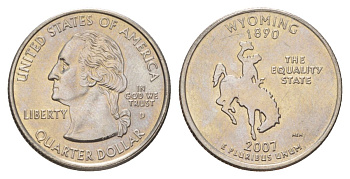 США 25 центов (квотер, 1/4 доллара) 2007 Квотер штата Вайоминг KM 399 медь плакированный медно-никелем UNC 4629-137
