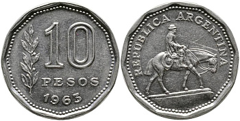 Аргентина 10 песо 1963 Гаучо KM 60 никелированная сталь 4525-944