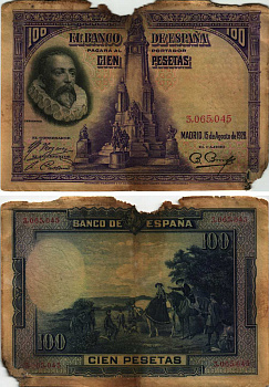 Испания 100 песет 1928 Мигель де Сервантес Сааведра, памятник Сервантесу, картина Дон Кихот Pick 76 а бумага 8609-33-2