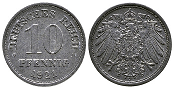 ГЕРМАНИЯ 10 ПФЕННИГОВ 1921 KM 26, J. 299 цинк 4380-232