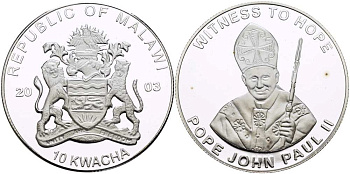 Малави 10 квача 2003 папа Иоанн Павел II, "witness to hope", свидетель надежды, серебрение KM 107 медно-никель PROOF 11-226-12