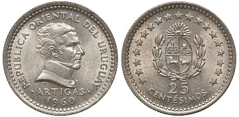 Уругвай 25 сентесимо 1960 KM 40 медно-никель 4169-919