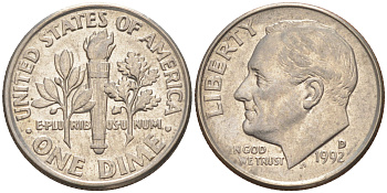 США 10 ЦЕНТОВ = 1 ДАЙМ 1992 D, РУЗВЕЛЬТ KM 195a медь плакированная медно-никелем 187-1067