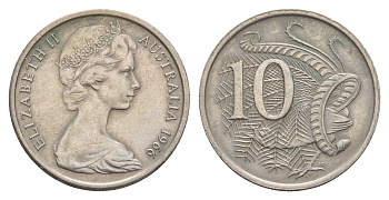 Австралия 10 центов 1966 Елизавета II (1952-2022), птица лирахвост KM 65 медно-никель 4657-133
