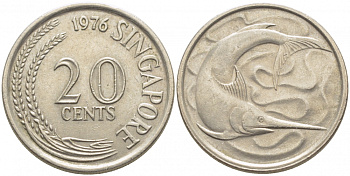 Сингапур 20 центов 1976 голубой марлин, тунец KM 4 медно-никель 3856-1021