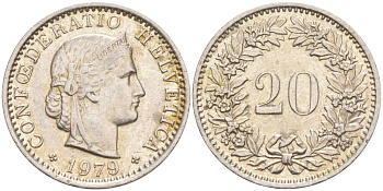 ШВЕЙЦАРИЯ 20 РАППЕНОВ 1979 KM 29a медно-никель 55-956