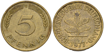 ФРГ 5 пфеннигов 1977 G KM 107, J.382 сталь плакированная латунью 4115-951