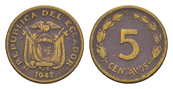 Эквадор 5 сентаво 1942 KM 75a латунь 4640-1118