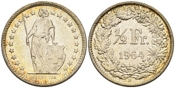 Швейцария 1/2 франка 1964 В KM 23 серебро 4564-539