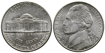 США 5 ЦЕНТОВ 1998 D, ДЖЕФЕРСОН KM А192 медно-никель 37-1211