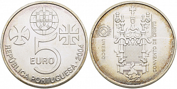 ПОРТУГАЛИЯ 5 ЕВРО 2004 НАСЛЕДИЕ ЮНЕСКО, МОНАСТЫРЬ ХРИСТА, МОСТ KM 754 серебро UNC 06-204-15