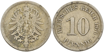Германия 10 пфеннигов 1876 J, старогербовка KM 4, Jager 4, Weege 7 медно-никель 216-941