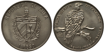 Куба 1 песо 2004 серия иберийская фауна под угрозой исчезновения, орел KM 861 медно-никель UNC 00-00