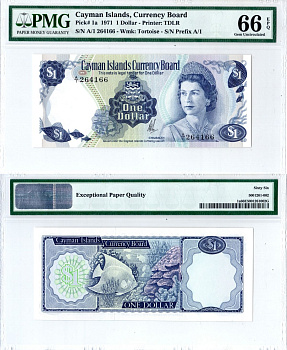 Каймановы острова 1 доллар 1971 в холдере PMG 66, Елизавета II (1952-2022), Рыба, коралл Pick 1 a бумага 452-3-20