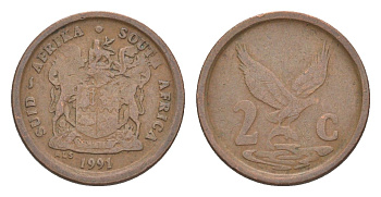 ЮАР 2 цента 1991 орел с рыбой KM 133 сталь плакированная медью 4621-212