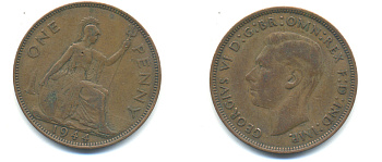 Великобритания 1 пенни 1944 Георг VI (1936-1952) KM 845, Spink 4114 бронза 89-214