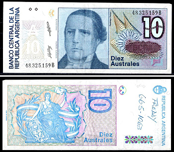 Аргентина 10 аустралей ND (1985-1989) Pick 325 b бумага 6300-9-3-2