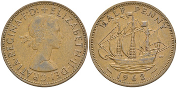 Великобритания 1/2 пенни 1962 Елизавета II (1952-2022) KM 896, Spink 4158 бронза 4544-131