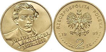 Польша 2 злотых 1999 MW, 150 лет со дня смерти Юлиуша Словацкого (1809-1849) KM 356 нордик  UNC  4521-321