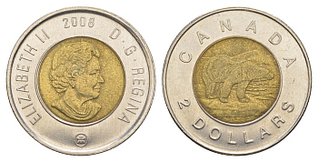 Канада 2 доллара 2008 Leaf, Елизавета II (1952-2022), полярный медведь KM 837 биметалл 4637-1035