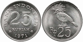 Индонезия 25 рупий 1971 венценосный голубь KM 34 медно-никель 86-1141