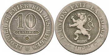 БЕЛЬГИЯ 10 САНТИМОВ 1862 BELGES KM 22 медно-никель 3853-136