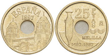 Испания 25 песет 1997 Мелилья (Melilla), Хуан Карлос I (1975-2014) KM 983 латунь 216-735