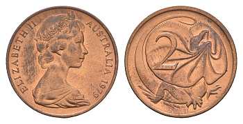 Австралия 2 цента 1979 Елизавета II (1952-2022), плащеносная ящерица KM 63 бронза UNC 4655-1246