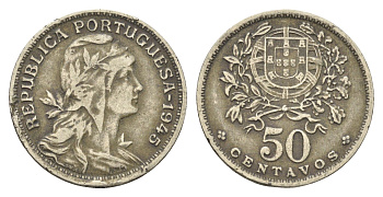 Португалия 50 сентаво 1945 голова Свободы вправо KM 577 никель латунь 4659-632