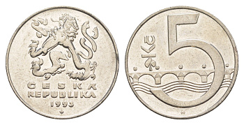 Чехия 5 крон 1993 чешский лев, Карлов мост KM 8 сталь плакированная никелем 4529-633