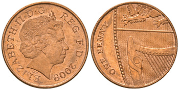 Великобритания 1 пенни 2009 Елизавета II (1952-2022) KM 1107, Spink B6 сталь плакированная медью UNC 4163-312