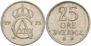 Швеция 25 эре 1973 U, Густав VI Адольф (1950-1973) KM 836 медно-никель 4364-3631