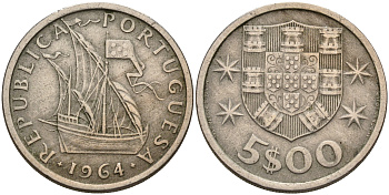 Португалия 5 эскудо 1964 парусник KM 591 медно-никель    4153-142
