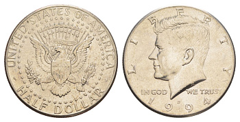 США 1/2 доллара (50 центов) 1994 D, Джон Кеннеди KM A202b медь плакированная медно-никелем aUNC 4382-531