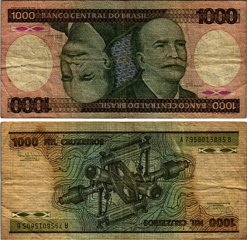 Бразилия 1000 крузейро 1985 барон Риу-Бранку, подпись 22, серия A 7958 Pick 201с бумага 7219-38-2-2
