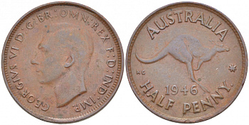 АВСТРАЛИЯ 1/2 ПЕННИ 1946 КЕНГУРУ KM 41 бронза 77-231