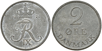 Дания 2 эре 1971 C; S, Фредерик IX (1947-1972) KM 840.2 цинк 4187-1146
